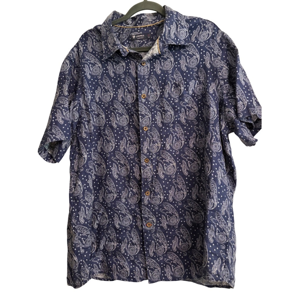 Cremieux Button Shirt XL Navy Paisley Linen, Casual, Beach, Summer, Tropical, XL